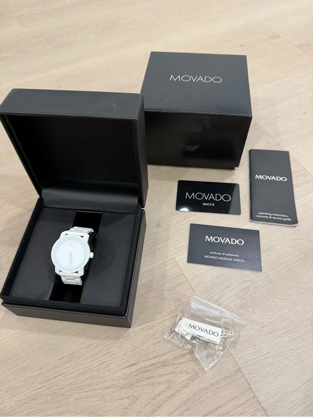 Movado White Ceramic Museum Dial Watch with Black Box